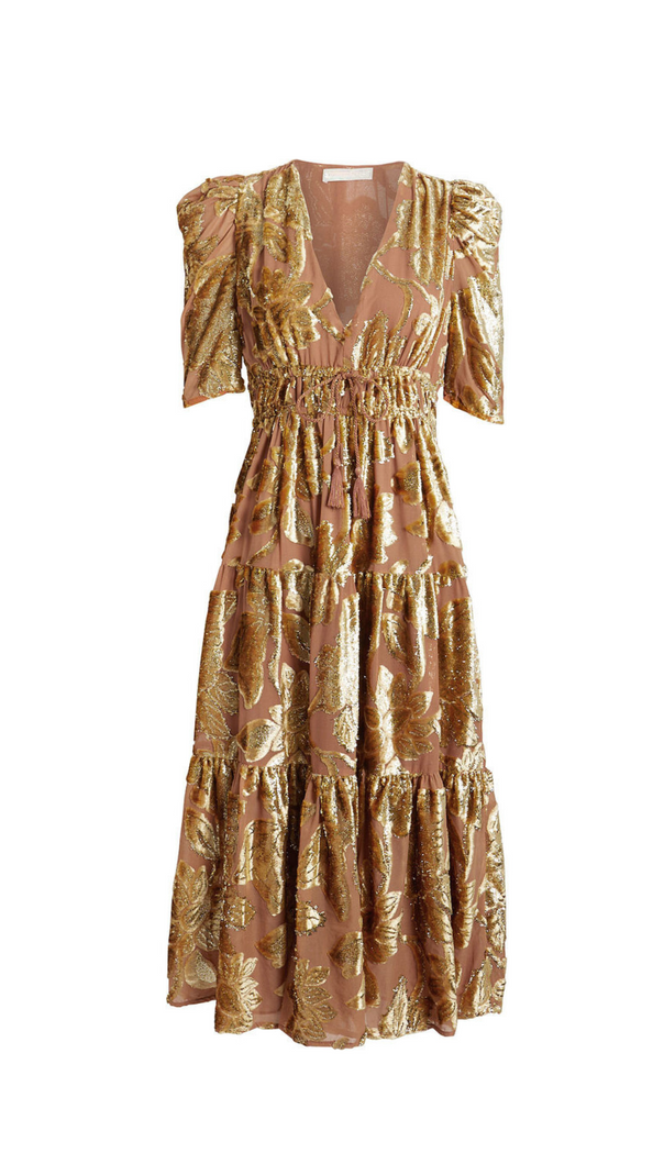AIIZIE LORETTA METALLIC DEVORÉ GOLD MIDI DRESS - product image