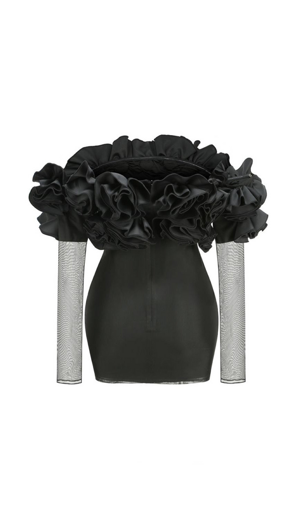 AIIZIE AMITY LONG SLEEVE TULLE FLORAL BARDOT DRESS IN BLACK - product image