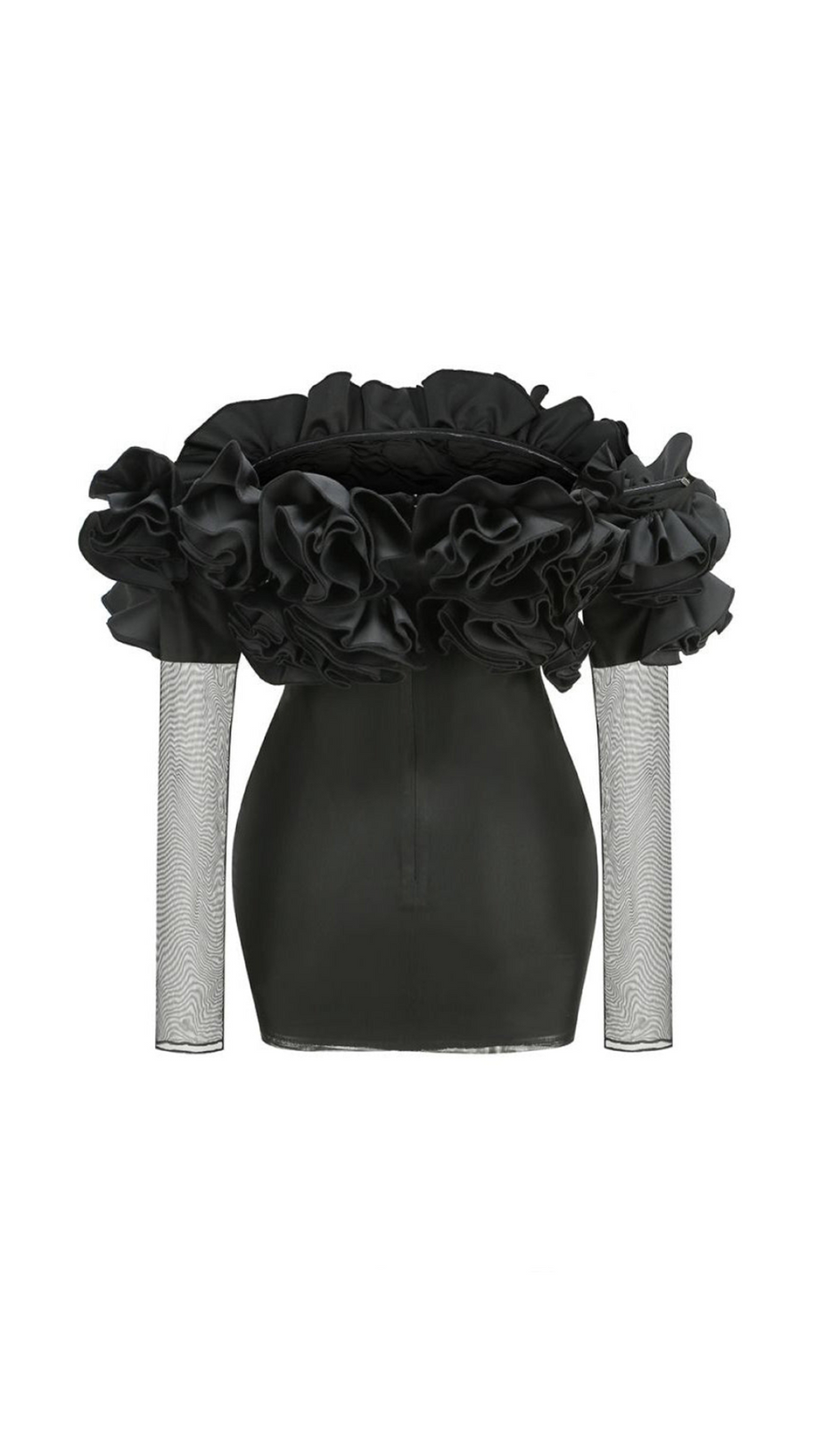 AMITY LONG SLEEVE TULLE FLORAL BARDOT DRESS IN BLACK