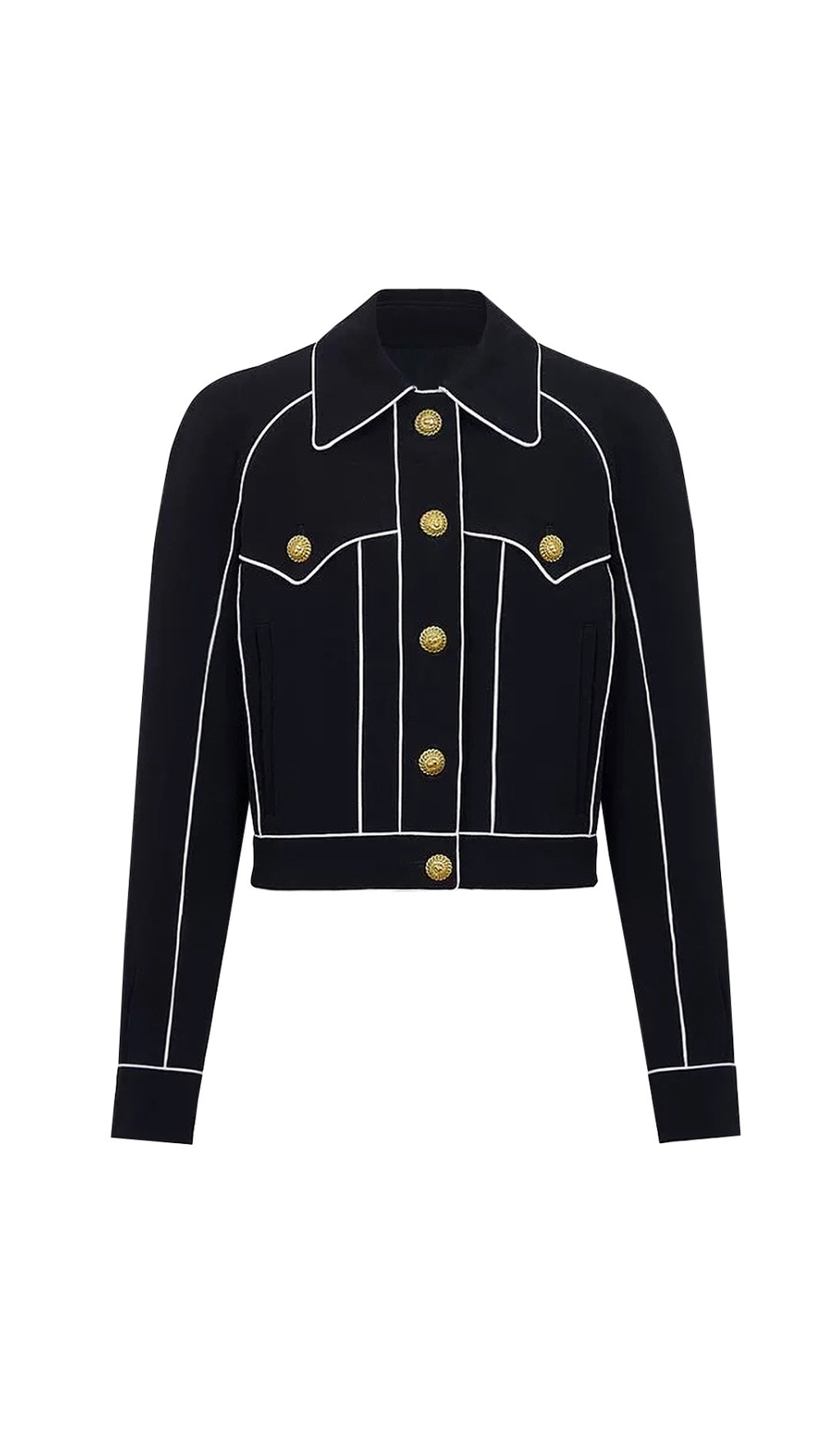 AMITY SEVEN-BUTTON BLACK PIPED-TRIM JACKET