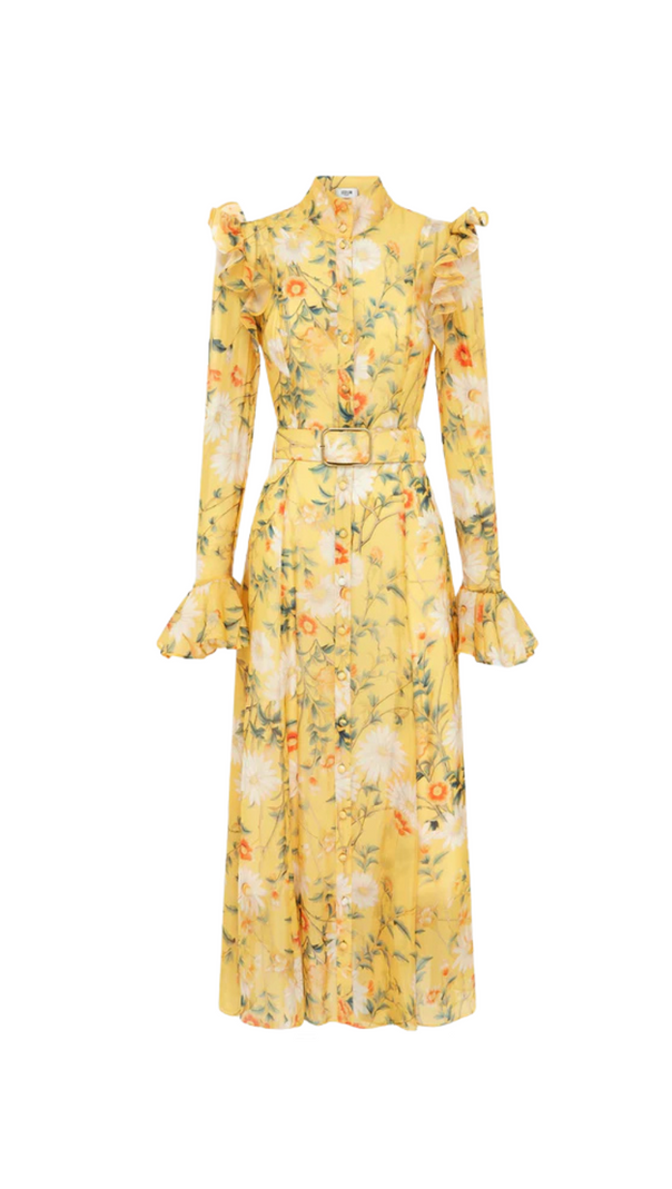 AIIZIE DAISY PRINT BUTTERFLY SLEEVE MIDI DRESS IN YELLOW - product image