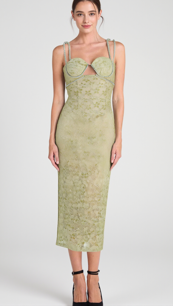 AIIZIE LACE FLORAL CRYSTAL CHAIN BUSTIER MIDI DRESS - product image