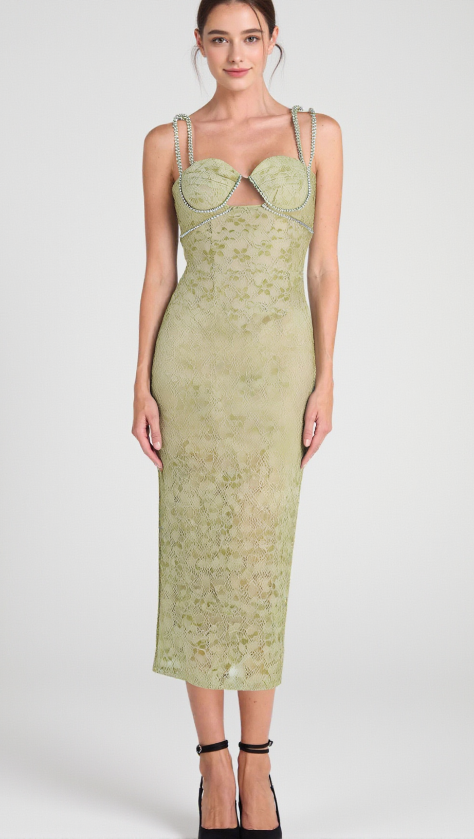 MIDIKLEID MIT SPITZENBLUMEN UND KRISTALLKETTE