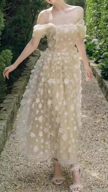 SABRINA FLOWER EMBELLISHED STRAPLESS MAXI DRESS IN BEIGE