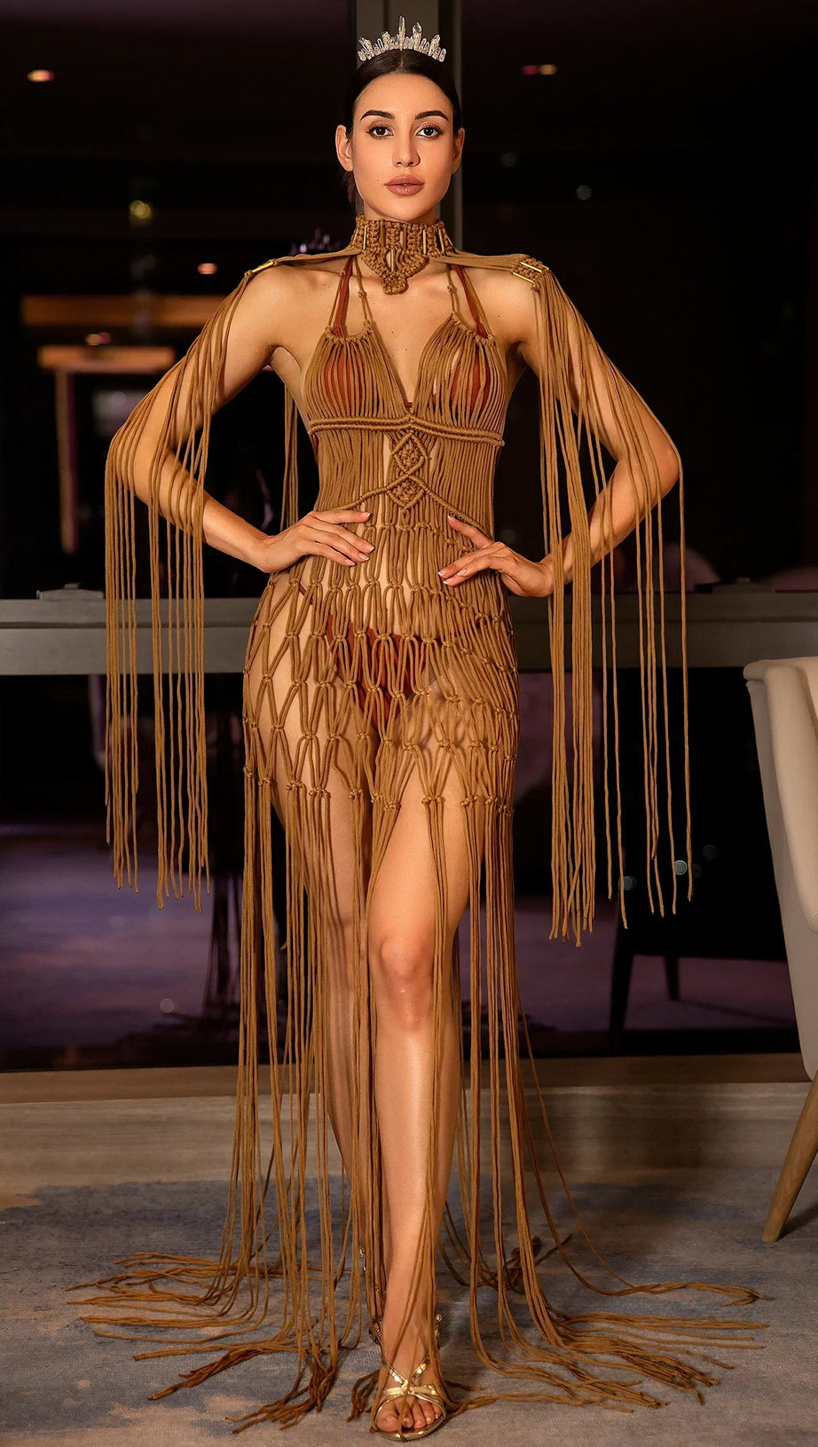 VALLELLIS BOHEMIAN BROWN BRAIDED FRINGE COVER UP DRESS