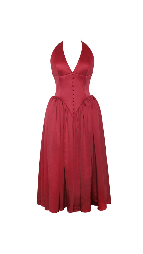 AIIZIE WENDY PLUNGING HALTER BACKLESS MAXI DRESS IN RED - product image