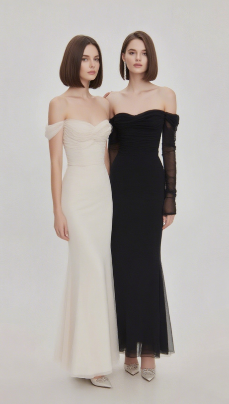 ARIEL MESH OFF-SHOULDER MERMAID MAXI DRESS IN BLACK