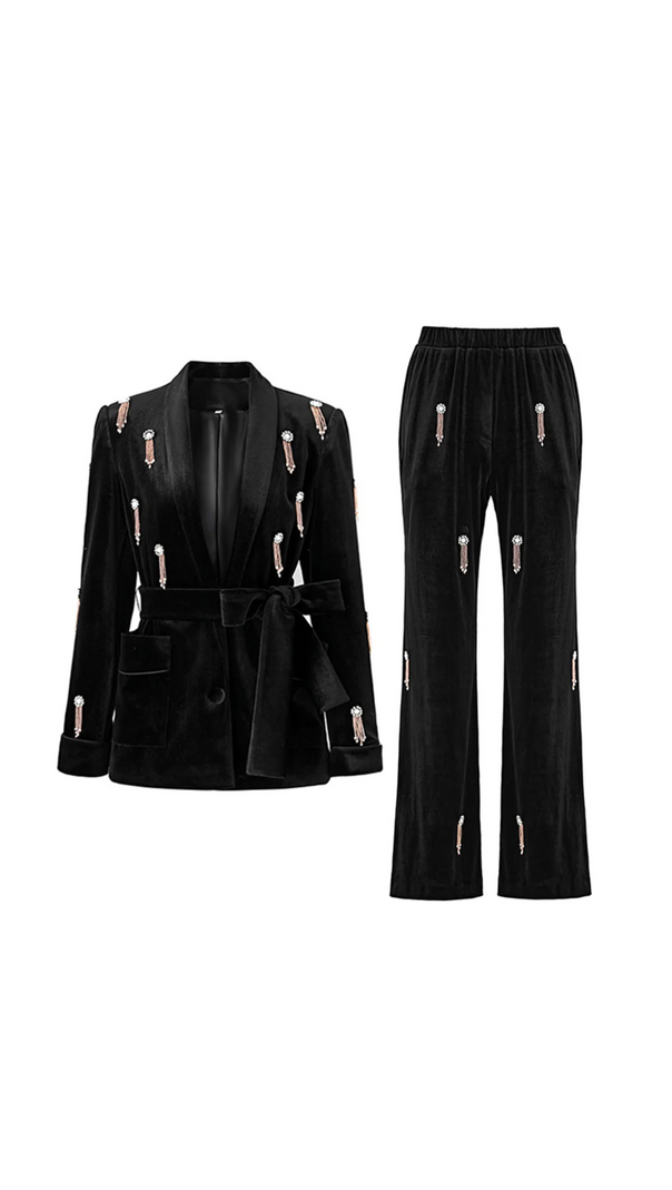 AIIZIE VELVET DIAMOND EMBELLISHED BLAZER 2 PIECE IN BLACK - product image