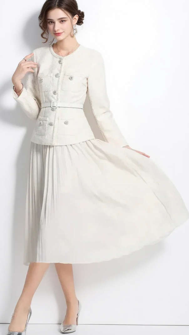 AIIZIE CREAM SEQUIN BOUCLE TAILORED MIDI DRESS - product image