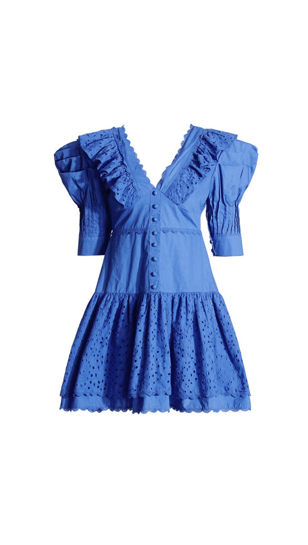 BLAUES MINIKLEID MIT V-AUSSCHNITT UND BESTICKTEN RÜSCHEN