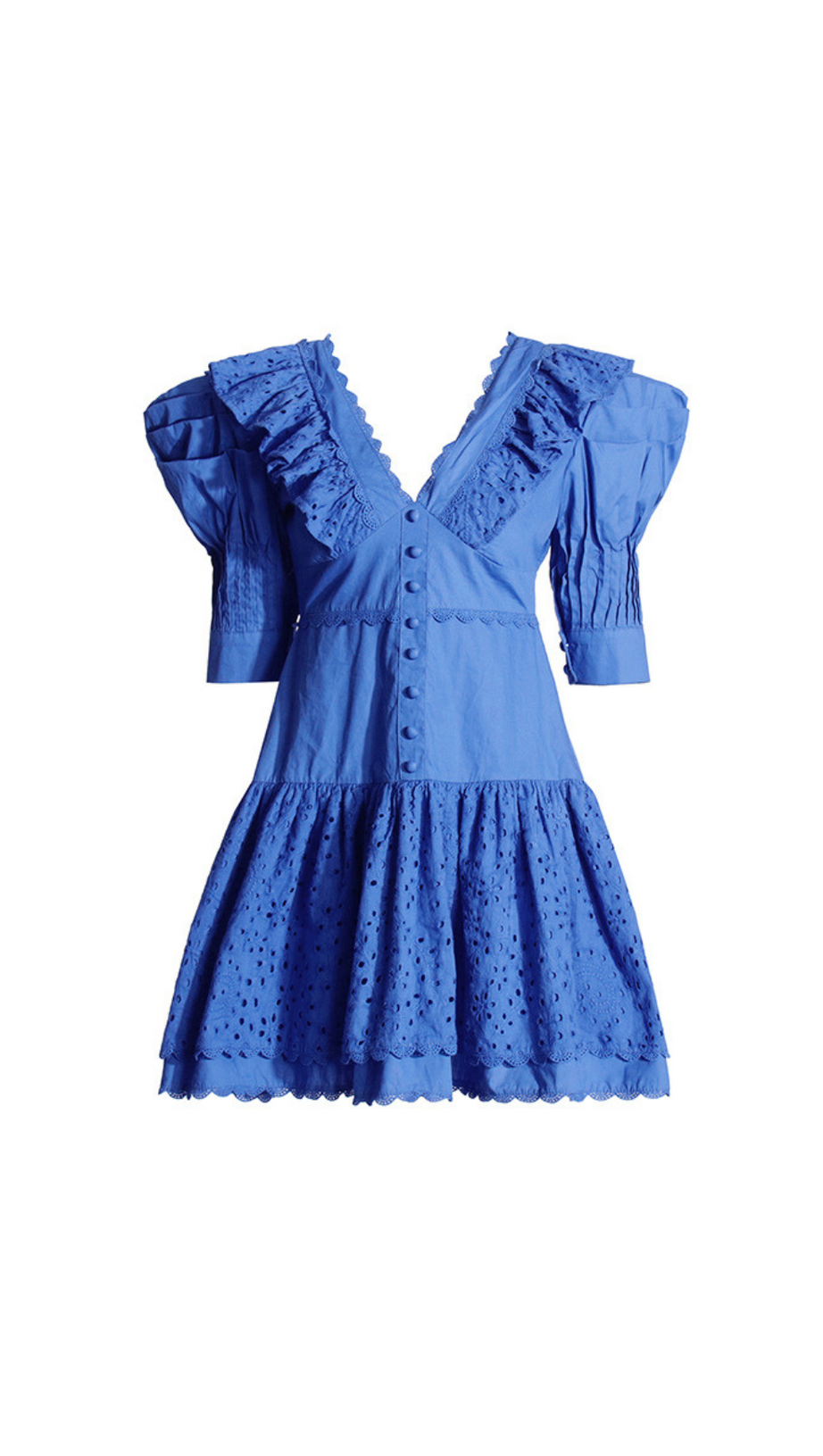 BLUE V-NECK EMBROIDERED RUFFLED MINI DRESS