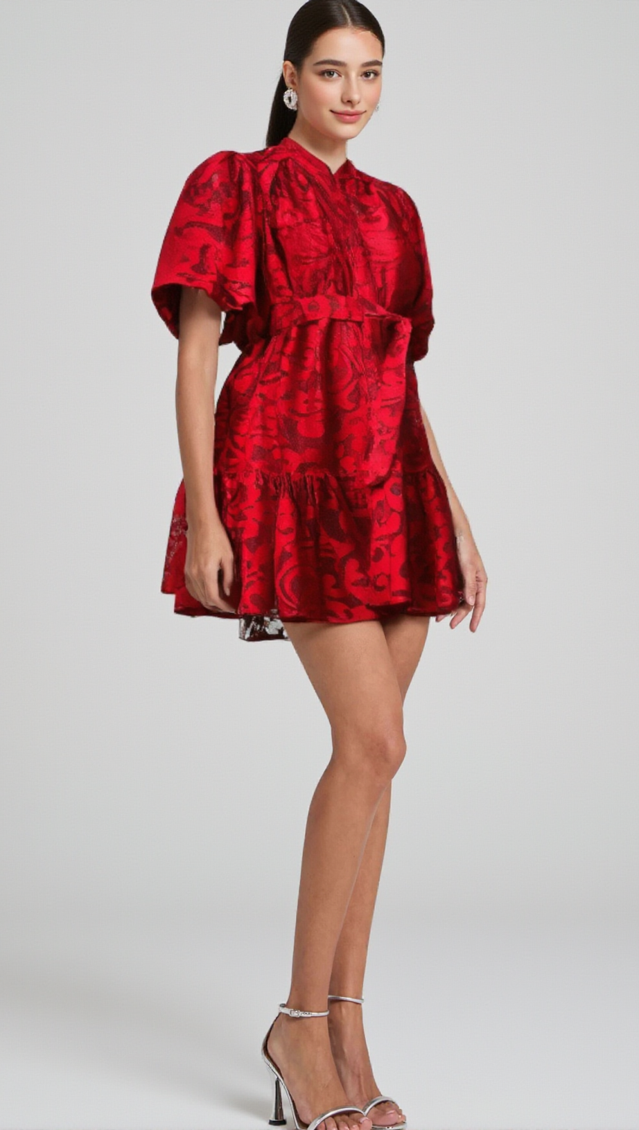 ATHÉNAÏS RED JACQUARD SEMI-SHEER MINI DRESS