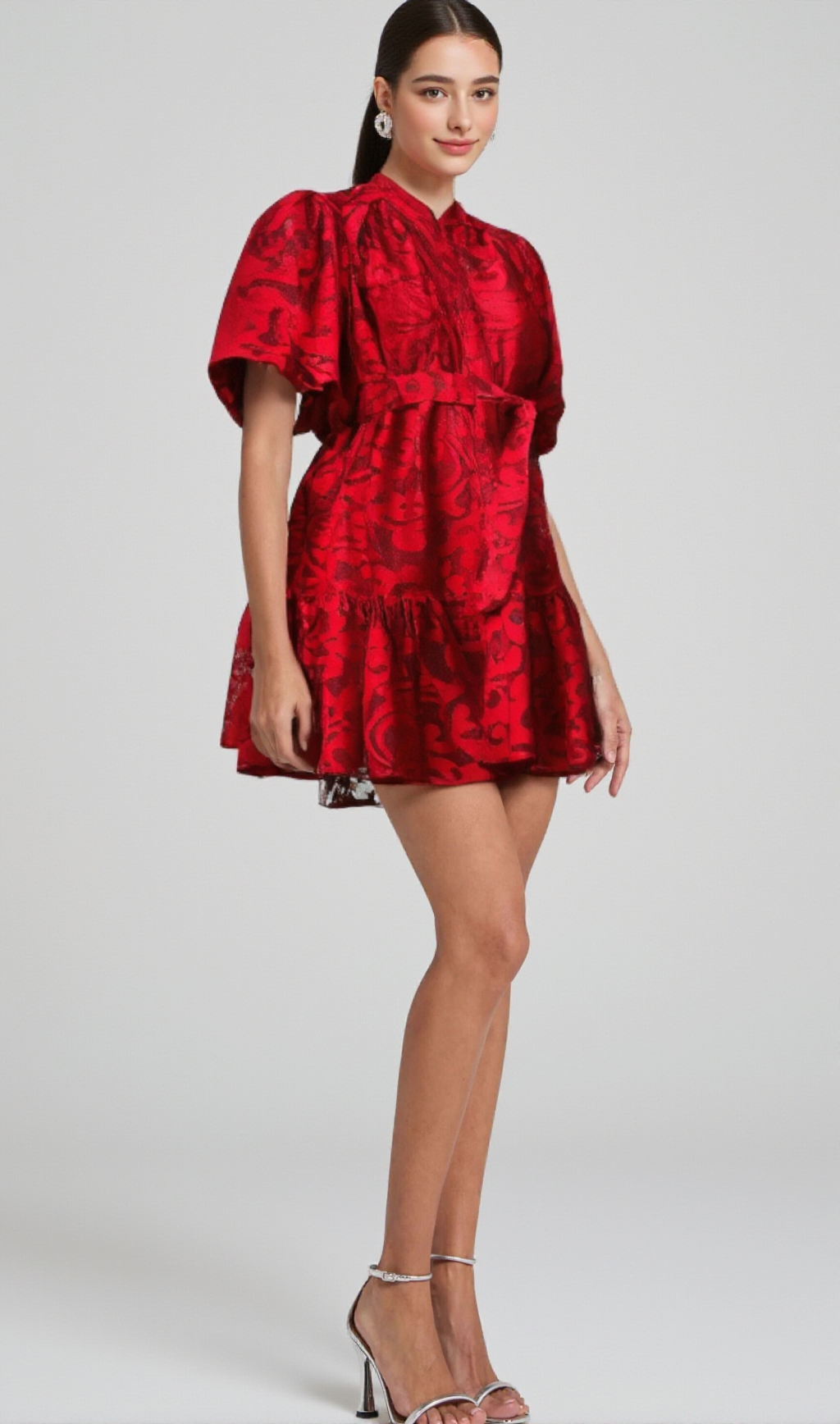 ATHÉNAÏS RED JACQUARD SEMI-SHEER MINI DRESS