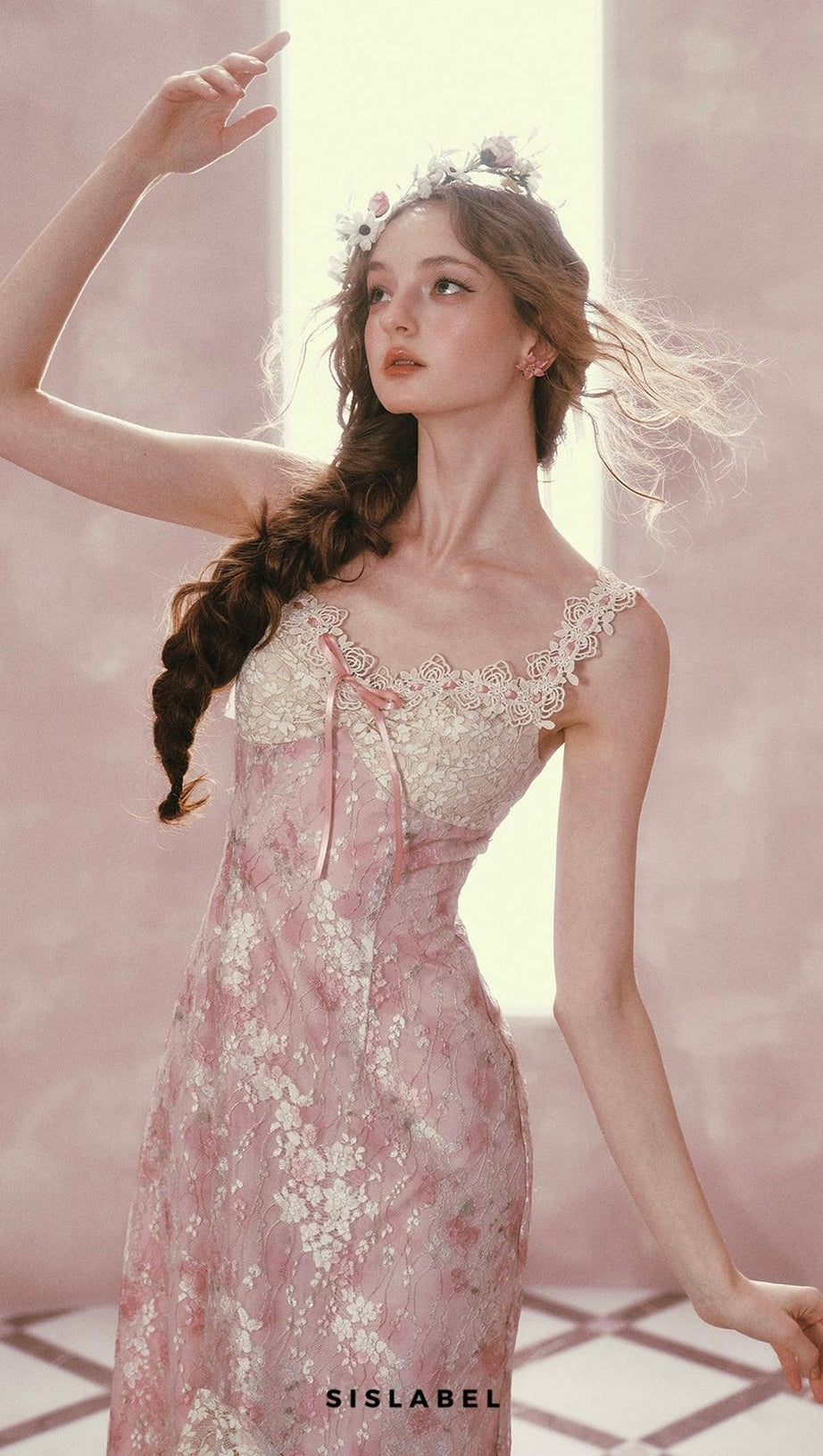 mandy Floral lace embroidery midi dress - pink
