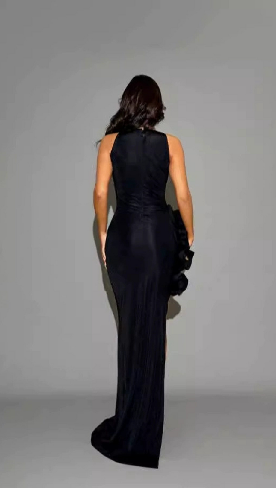 HALTER FLOWER SLIT MAXI DRESS IN BLACK