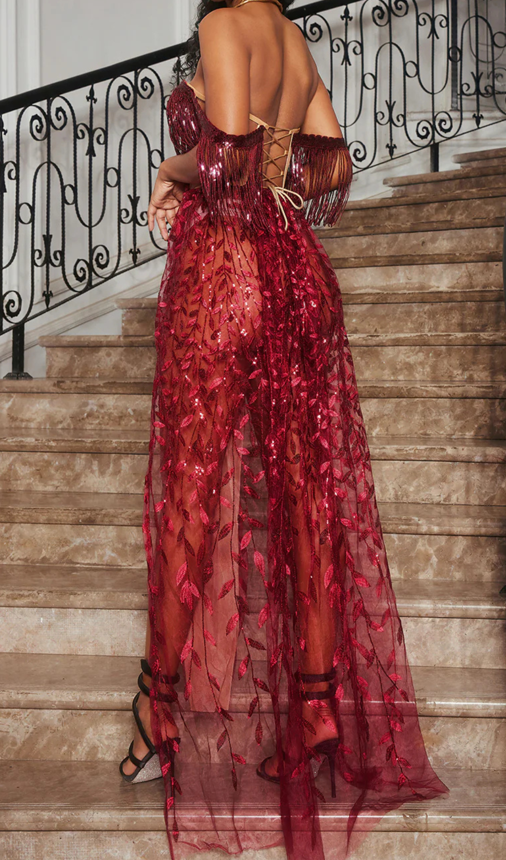 BELEN CODRUTA STRAPLESS LEAFY FRINGE MAXI DRESS IN WINE