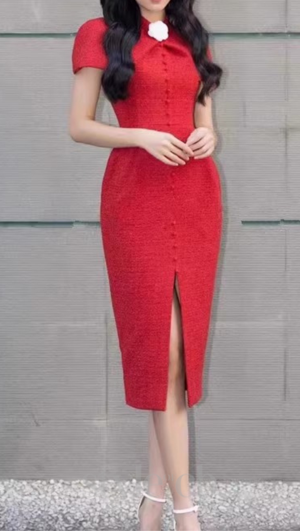 AIIZIE THERA HIGH COLLAR SINGLE BREASTED MIDI DRESS IN RED - product image