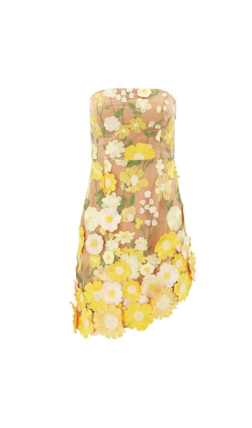 STRAPLESS FLORAL MINI DRESS IN YELLOW