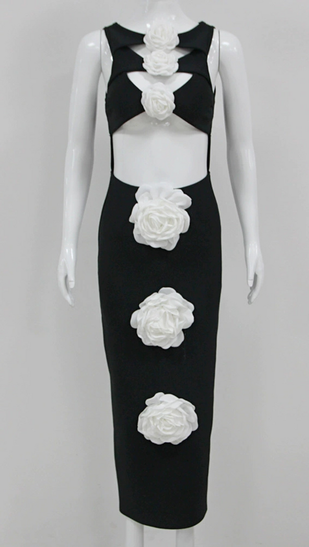 AIIZIE 3D FLOWER CUT OUT BODYCON MIDI DRESS IN BLACK - product image