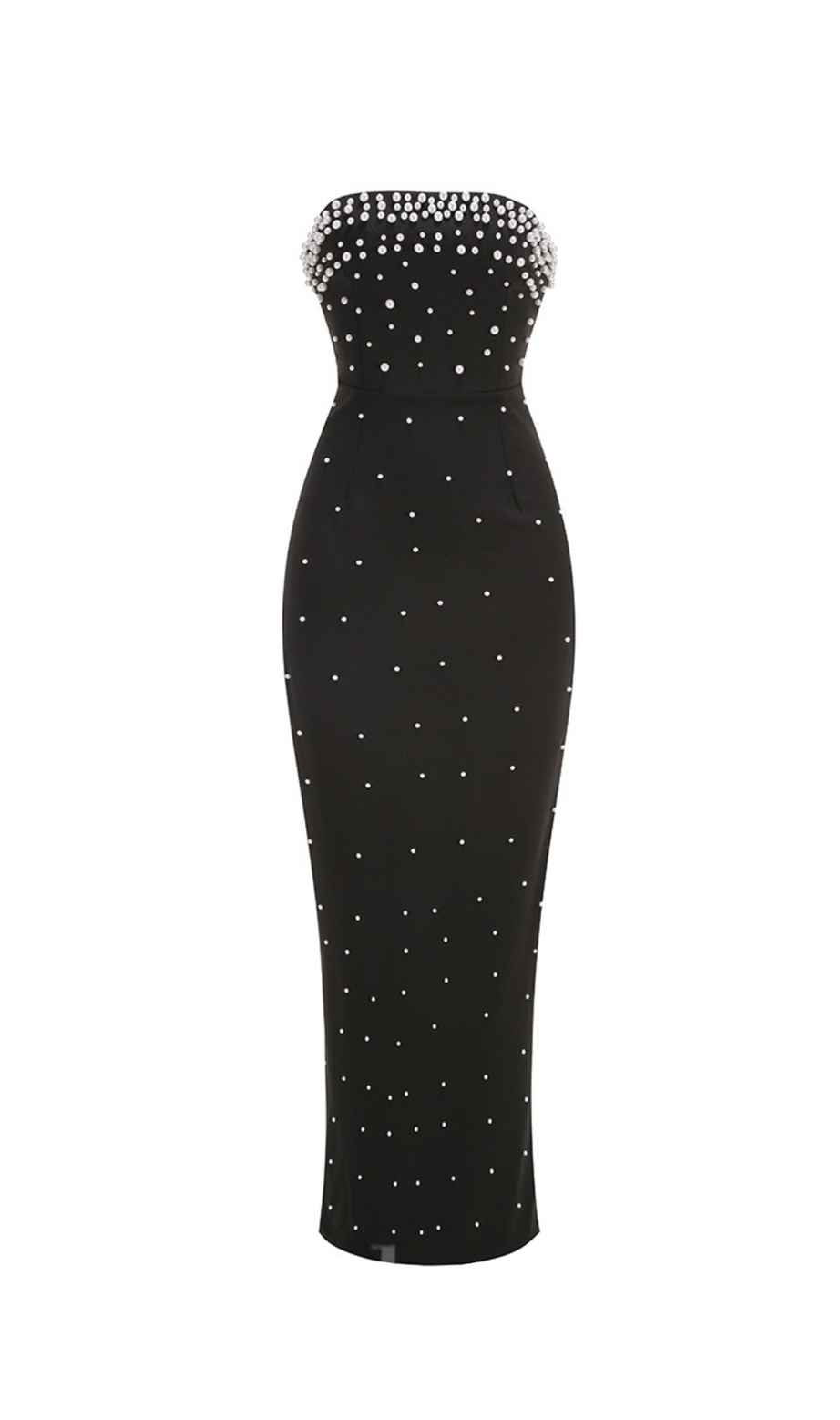 pearl-embellished strapless gown in black