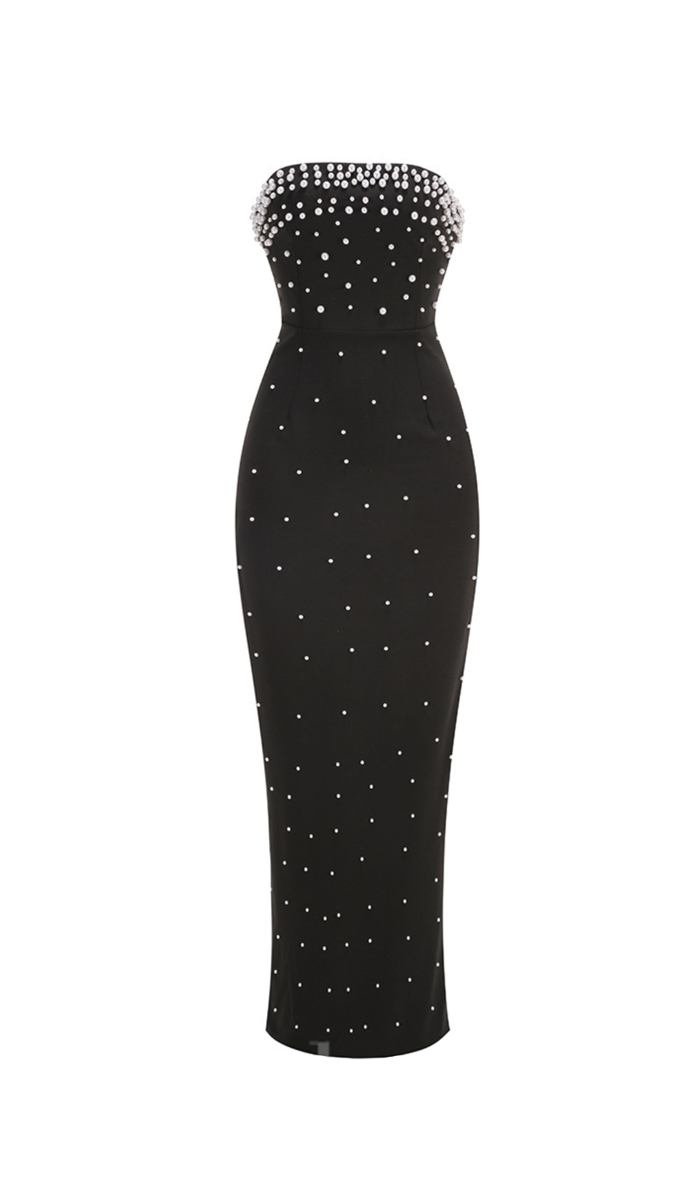PEARL-EMBELLISHED STRAPLESS GOWN IN BLACK