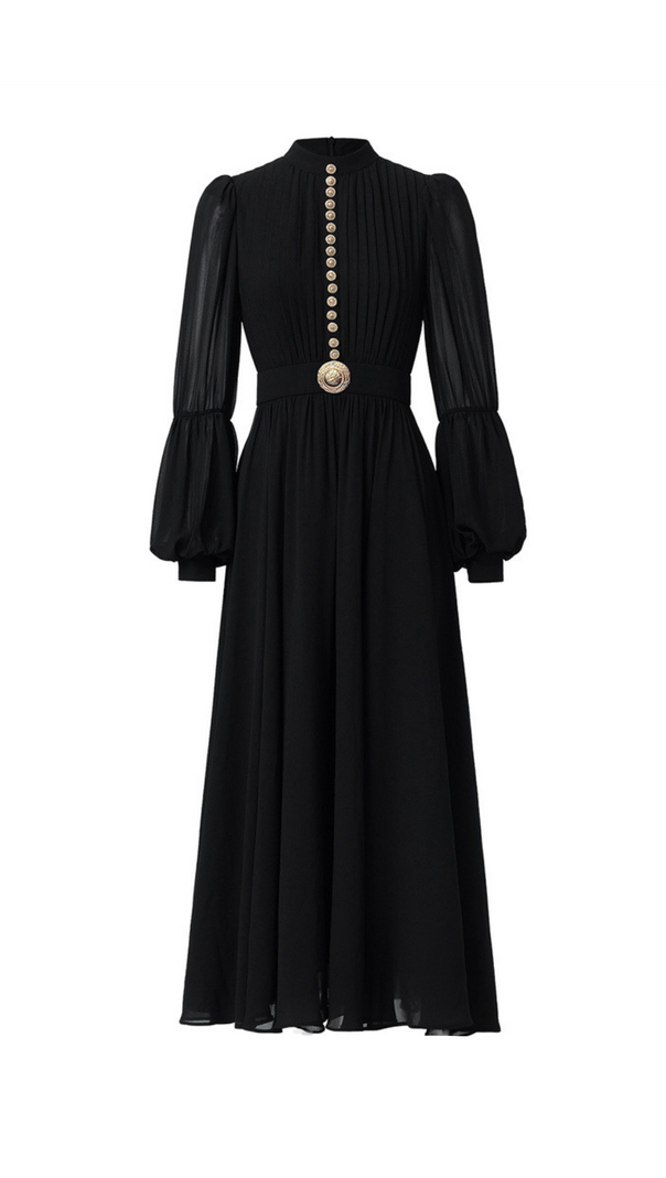 AIIZIE LANTERN SLEEVE SILK MIDI DRESS IN BLACK - product image