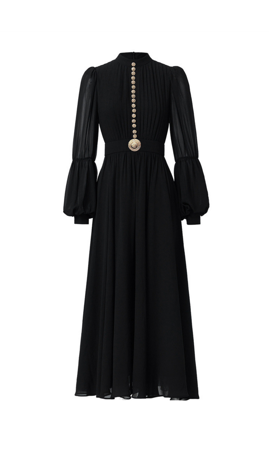 Schwarzes Midikleid aus Seide mit Laternenärmeln