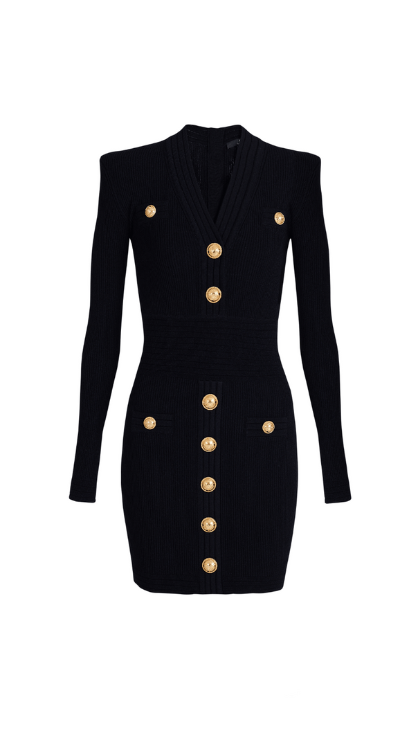AIIZIE TARA BLACK SHORT KNITTED MINI DRESS WITH GOLD BUTTONS - product image