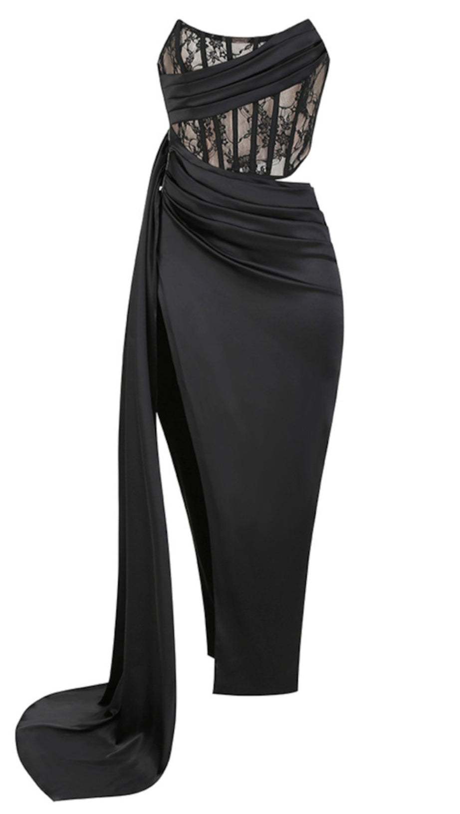 ABITO LUNGO DRAPPEGGIATO CON CORSETTO IN PIZZO SENZA SPALLINE NERO