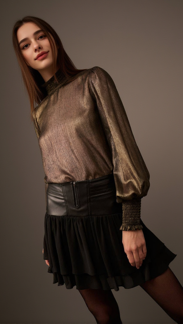 AIIZIE GOLDEN AGE METALLIC BISHOP-SLEEVE MOCK NECK TOP - product image