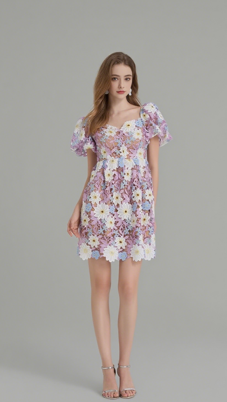 WINIFRED HOLLOW HOOK LACE MINI DRESS IN PURPLE