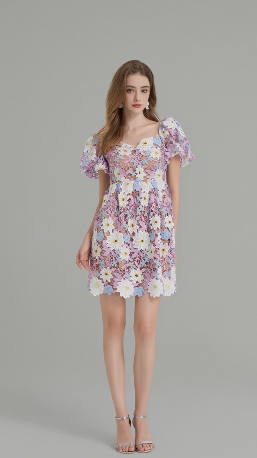 WINIFRED HOLLOW HOOK LACE MINI DRESS IN PURPLE