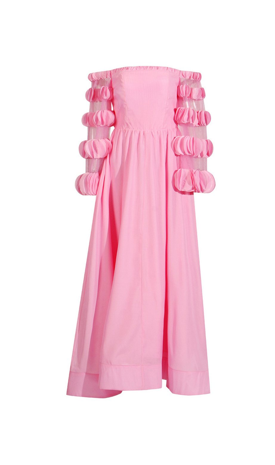 Trägerloses Maxikleid aus Tüll mit Blütenblättern in Rosa