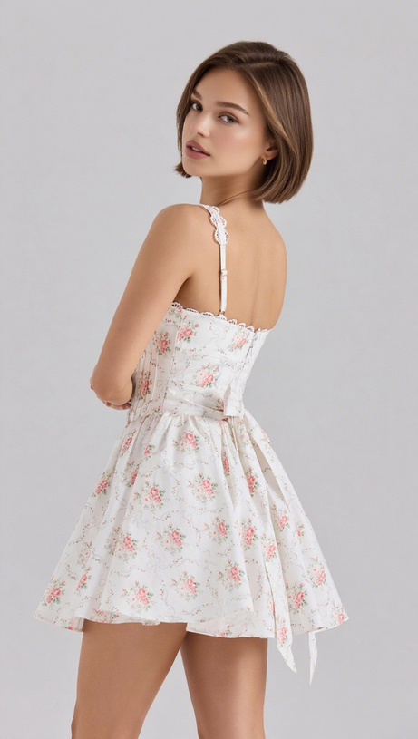 ROSE PRINT STRETCH COTTON LACE STRAP MINI DRESS