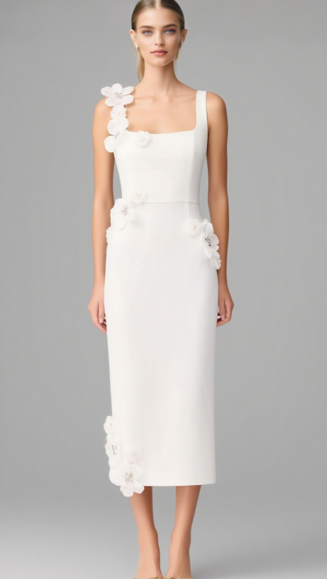 SABRINA 3D FLOWER MIDI DRESS IN WHITE