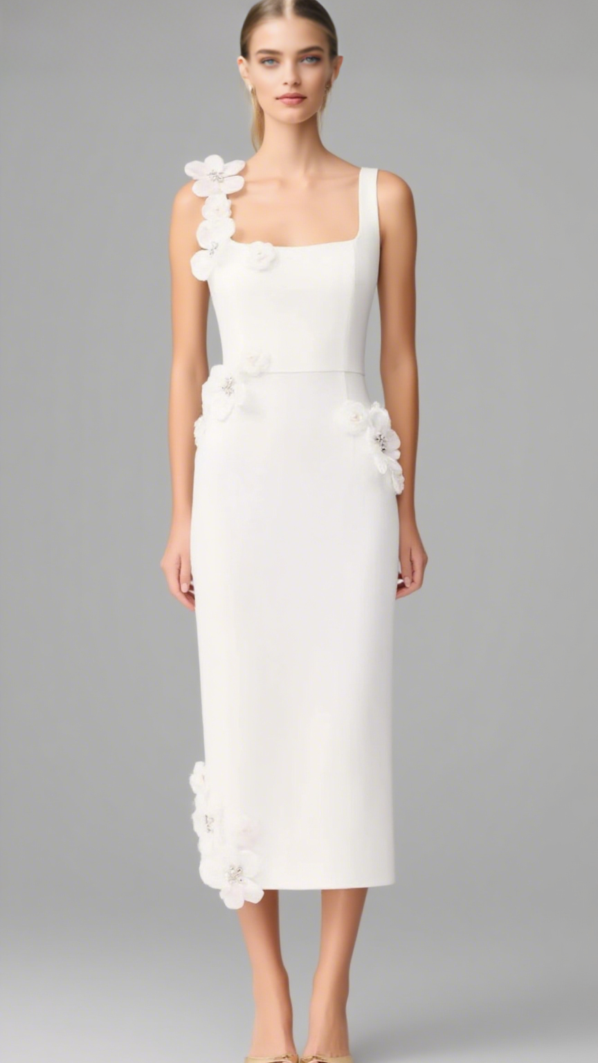 SABRINA 3D FLOWER MIDI DRESS IN WHITE