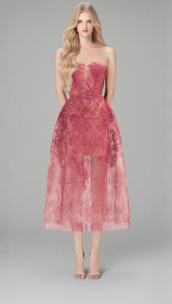 AIIZIE RED FLORAL LACE EMBROIDER MIDI DRESS - product image
