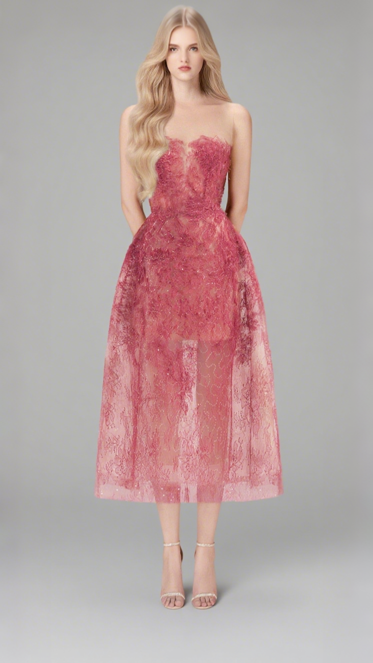RED FLORAL LACE EMBROIDER MIDI DRESS