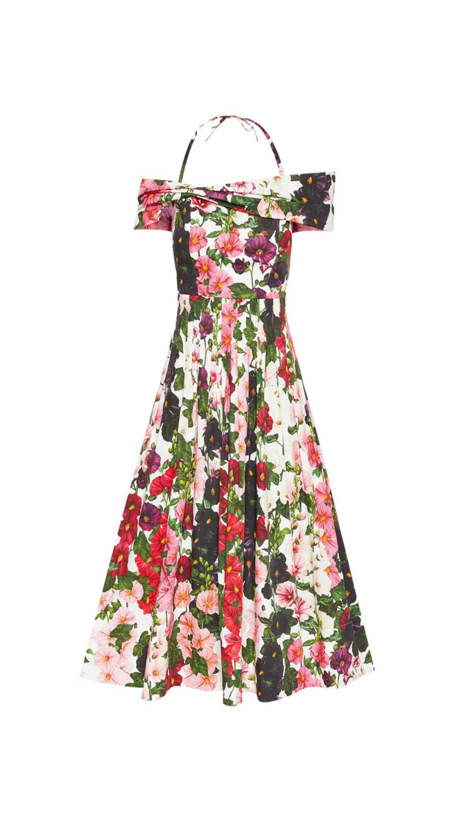 MULTICOLOR OFF-SHOULDER PLEATED FLORAL-PRINT COTTON-BLEND POPLIN DRESS