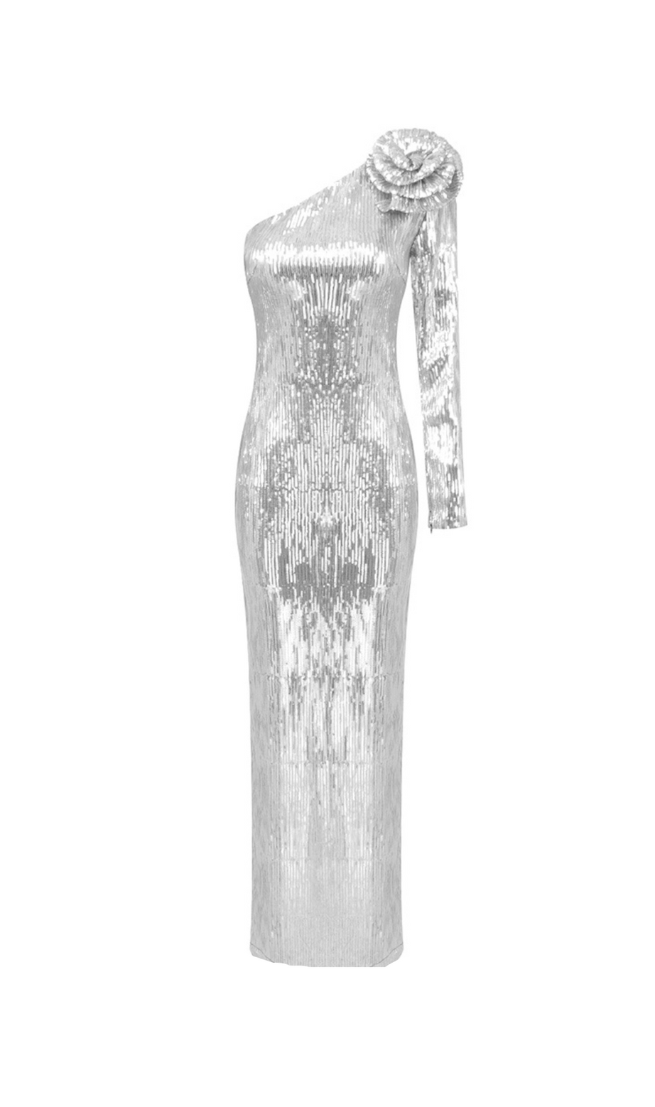 Floral-appliqué sequin gown in silver