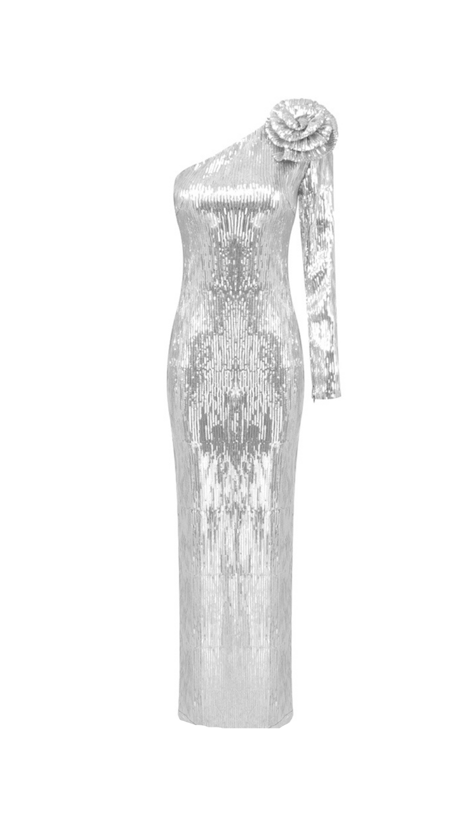 FLORAL-APPLIQUÉ SEQUIN GOWN IN SILVER