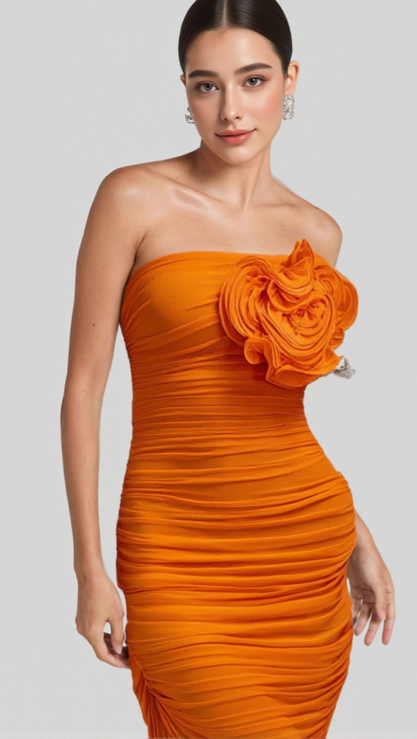 AIIZIE ORANGE OPEN BACK RUCHED FLOWER BODYCON MAXI DRESS - product image