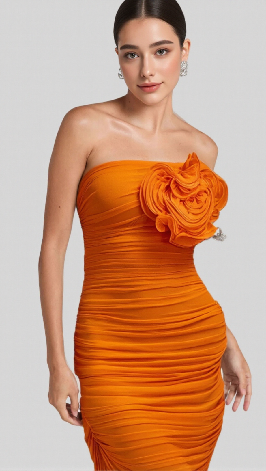 ORANGE OPEN BACK RUCHED FLOWER BODYCON MAXI DRESS