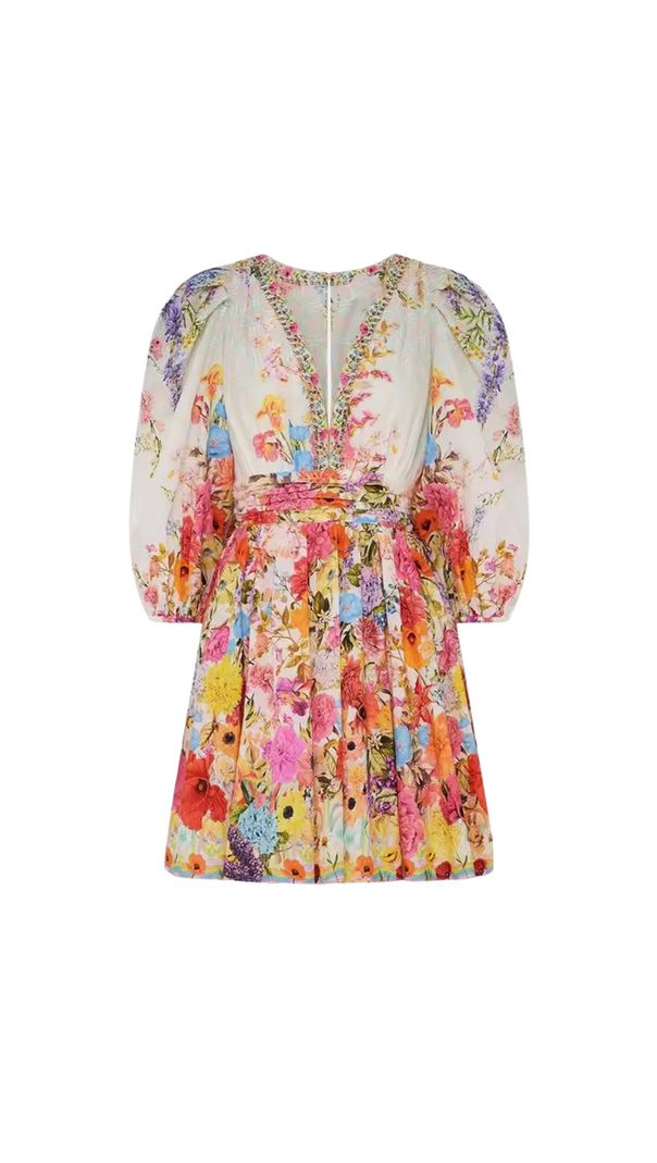 AIIZIE PUFF SLEEVE PRINT SILK MINI DRESS - product image