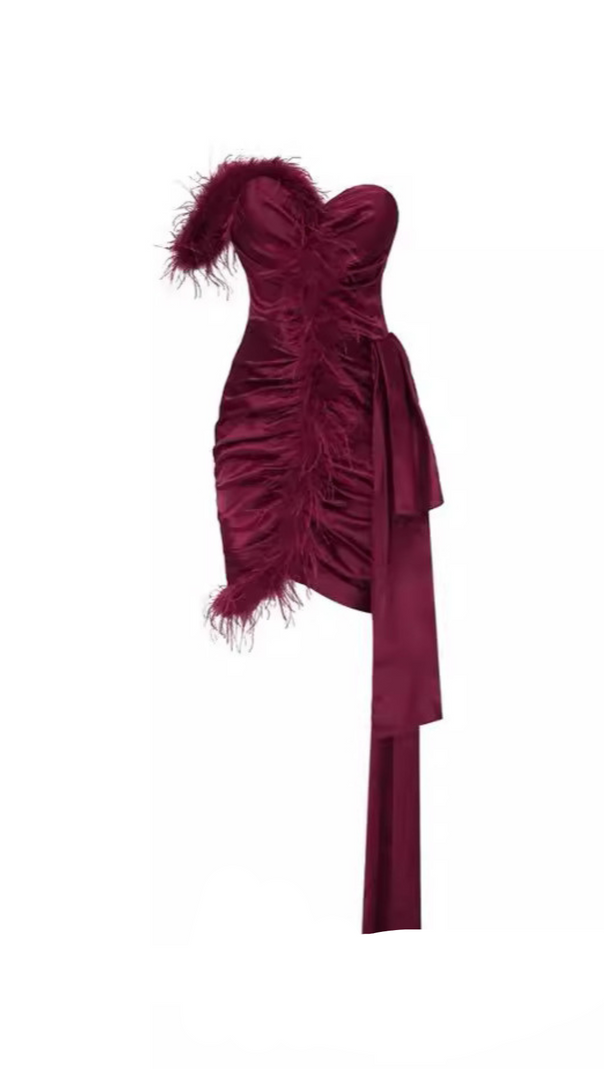 AIIZIE BURGUNDY FEATHER EMBELLISHED STRAPLESS MINI DRESS - product image