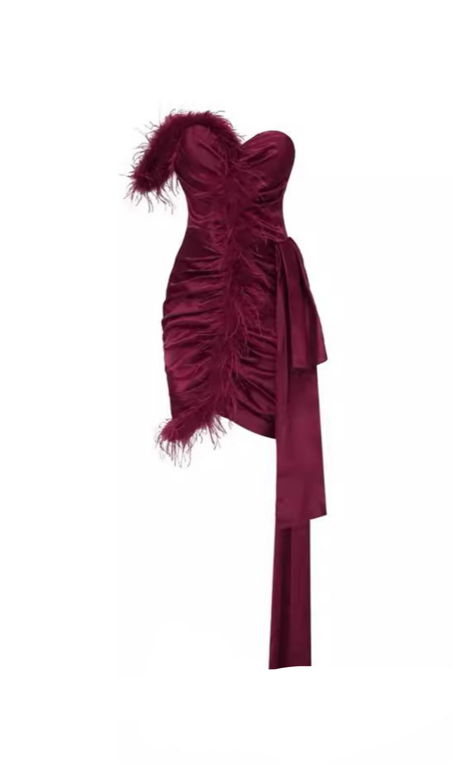 burgundy feather embellished strapless mini dress