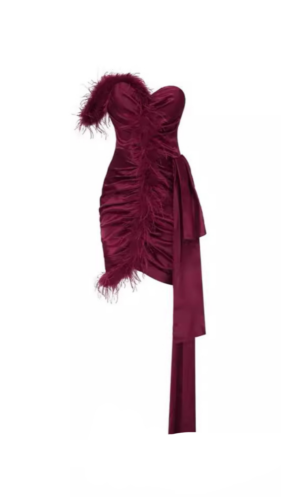 BURGUNDY FEATHER EMBELLISHED STRAPLESS MINI DRESS
