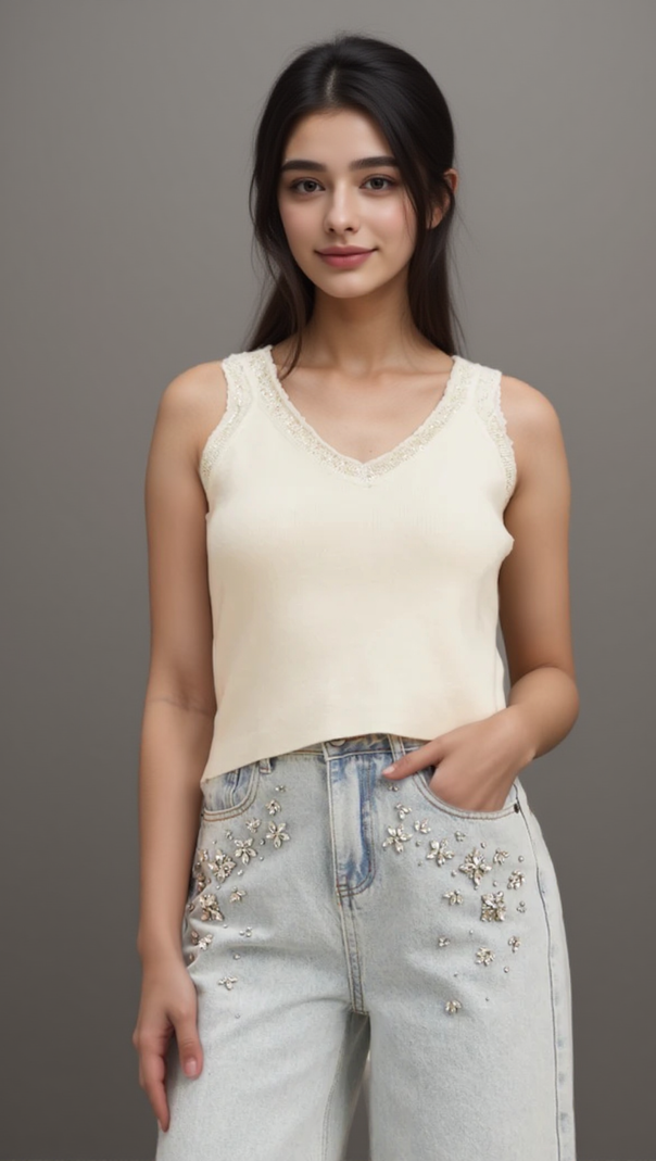 AIIZIE CELIA WHITE SEQUINED FINE-KNIT CROPPED TOP - product image