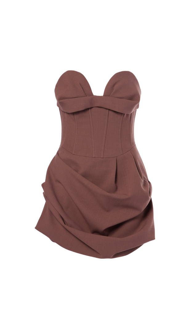 AIIZIE GRISELDA DRAPED WOOL-BLEND BUSTIER MINI DRESS IN BROWN - product image