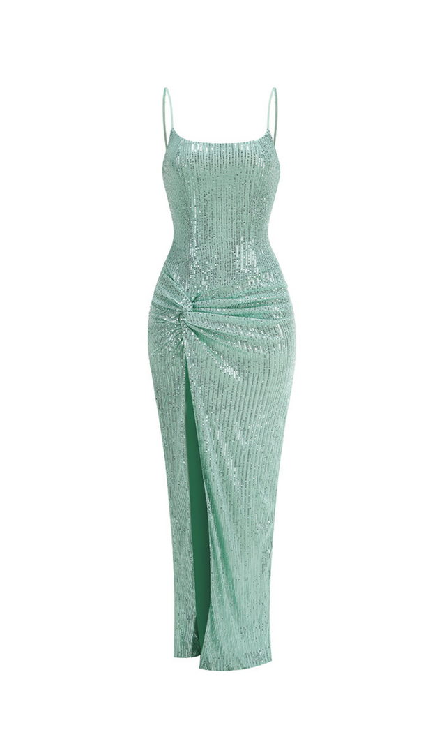 ABITO LUNGO CON SPACCO ALTO E RUCHES DI PAILLETTES VERDE